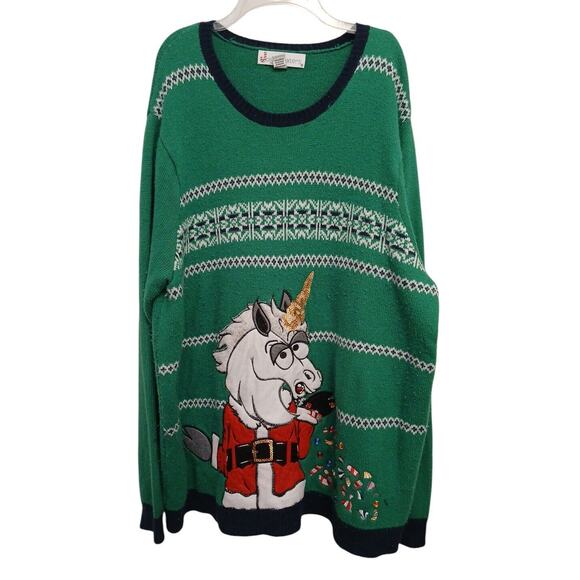SUPER UGLY Christmas Sweater XXL Green Crazy UNICORN Santa Sequins Office Party - Picture 1 of 15